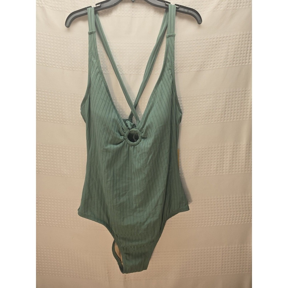 Kona Sol Women Sage Green Ribbed One Piece Swimsuit O-Ring Med Coverage L 5572